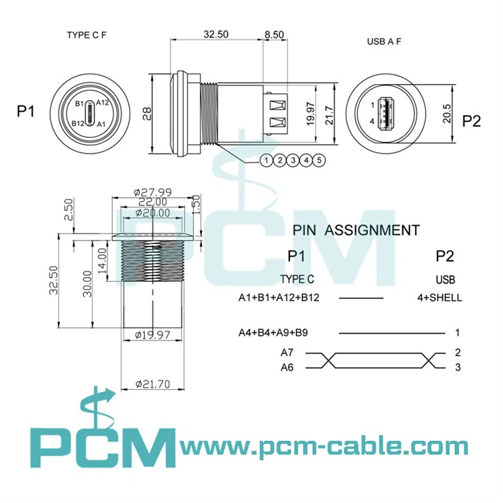 dimensions cutout size of USB C Jack to USB A Jack Round Panel Mount Adapter